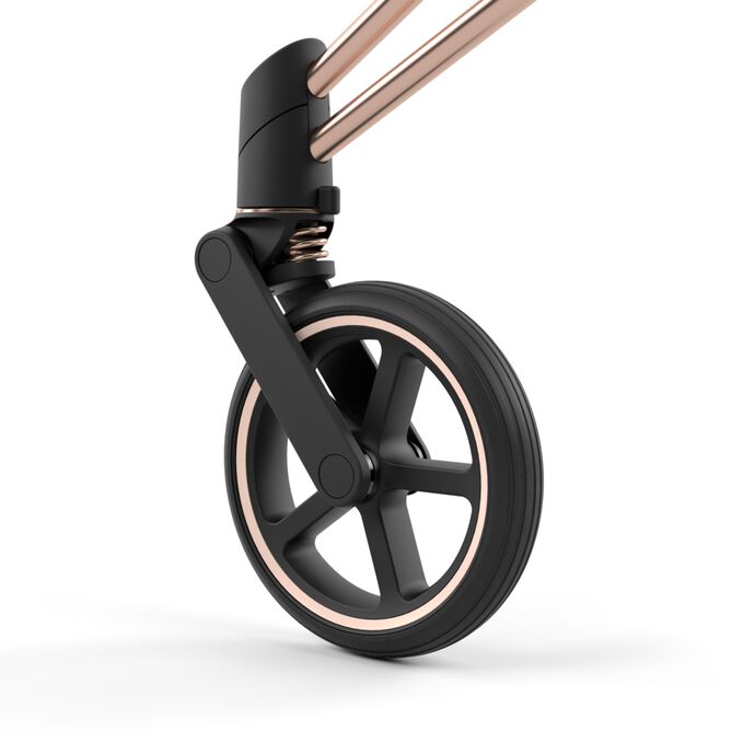 An image of the CYBEX Platinum Priam / e-Priam Seat Pack Stroller, highlighting the All-wheel suspension feature.