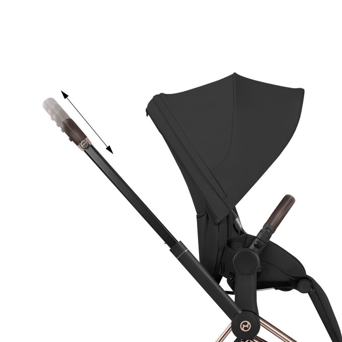 An image of the CYBEX Platinum Priam Stroller, highlighting the One-Hand height adjustable handlebar feature.