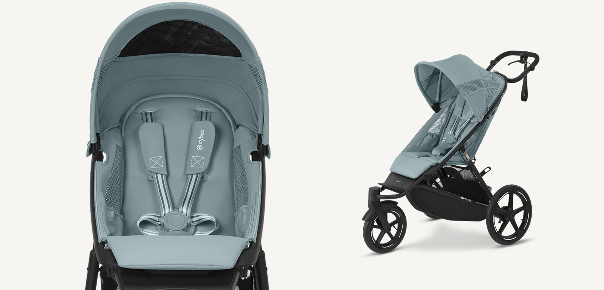Two product shots of an Avi Spin in Stormy Blue, on the left, a close-up, on the right, sideview.