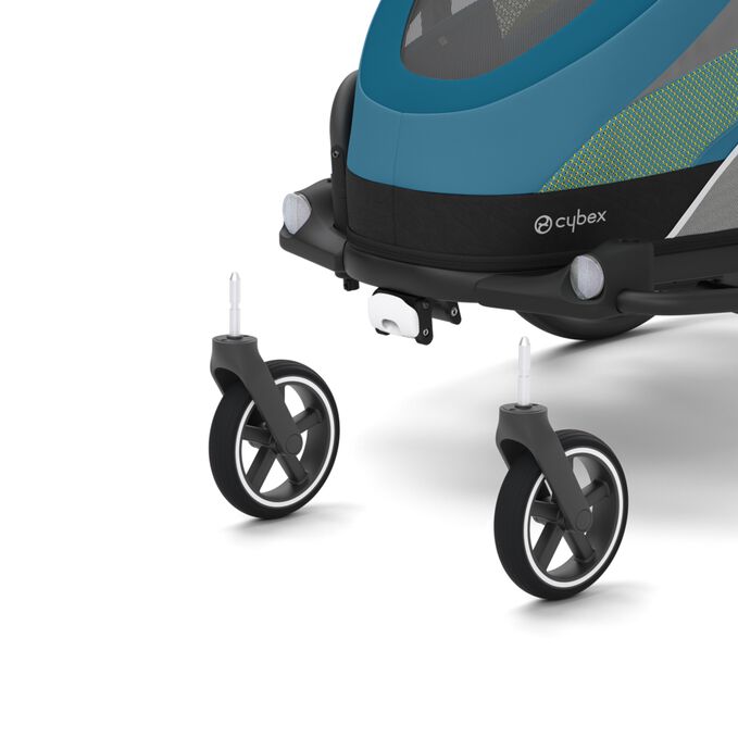 Ein Bild des CYBEX Gold Zeno Bike Bike Trailer, das das Merkmal Schwenkbare Vorderr&auml;der hervorhebt.
