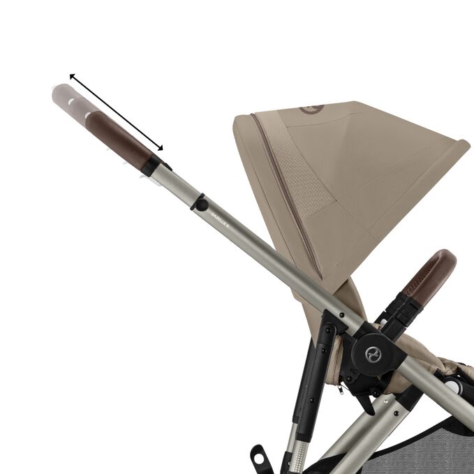 An image of the CYBEX Gold Gazelle S Sibling Stroller, highlighting the Adjustable Handlebar feature.
