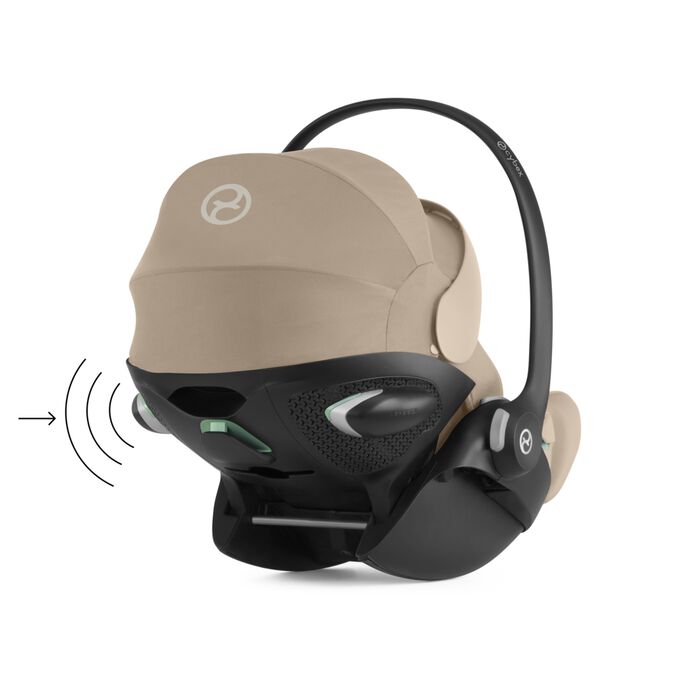 An image of the CYBEX Gold Cloud G i-Size Infant Car Seat, highlighting the 15% more side-impact protection feature.