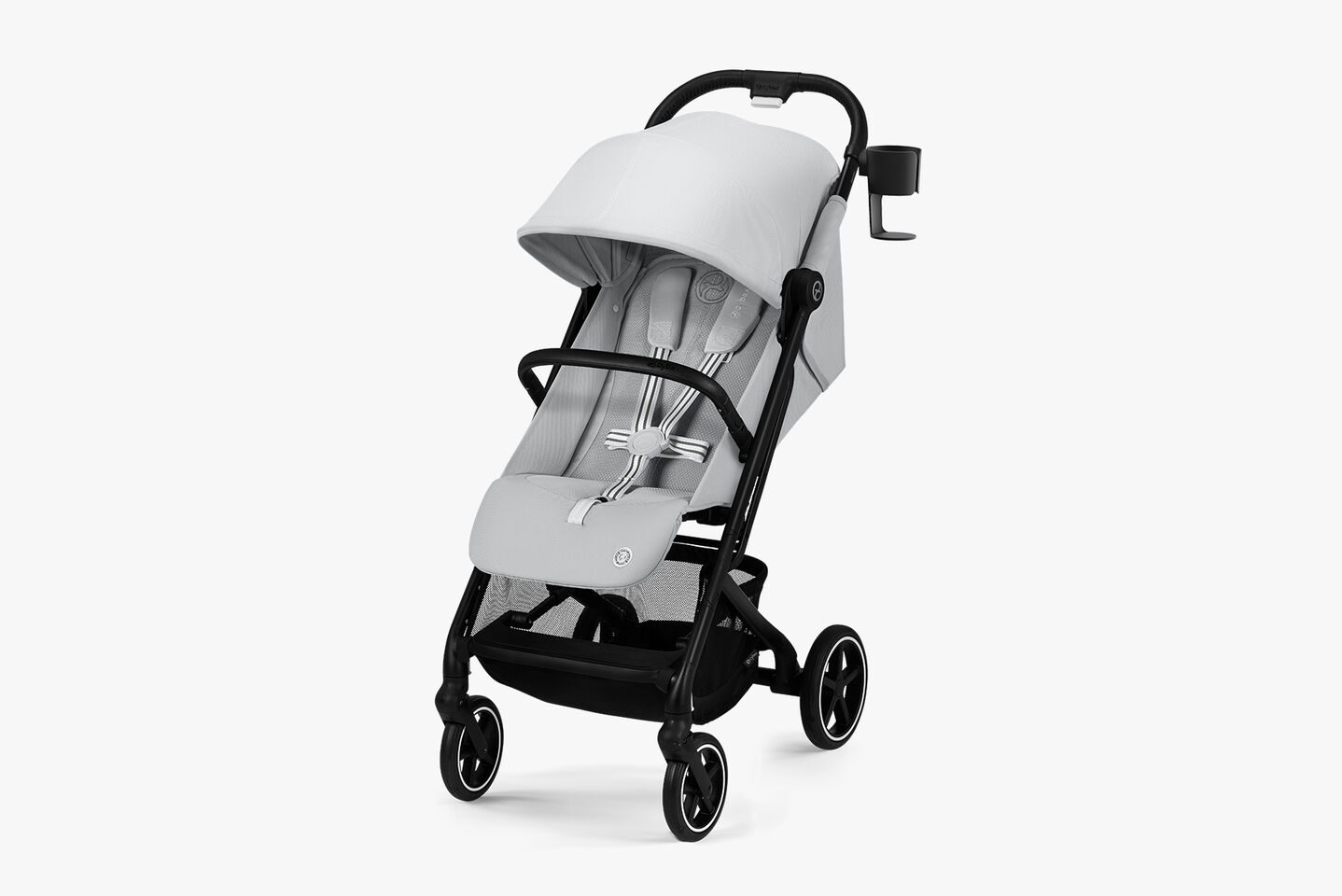 Lightweight compact stroller in gray, featuring an adjustable sunshade and a cup holder