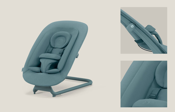 Lemo Bouncer in blue, a modern baby bouncer with ergonomic design and adjustable seat.