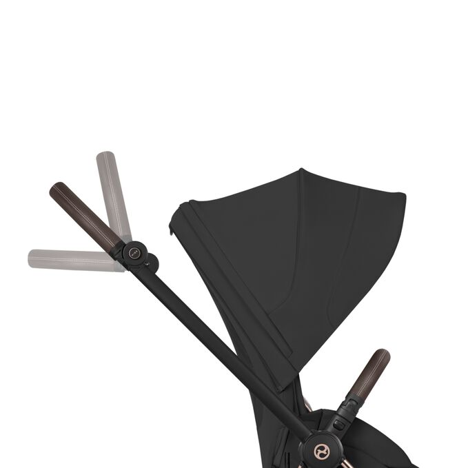 An image of the CYBEX Platinum Mios Rebellious Luxury Stroller, highlighting the One-Hand Height-Adjustable Handlebar feature.