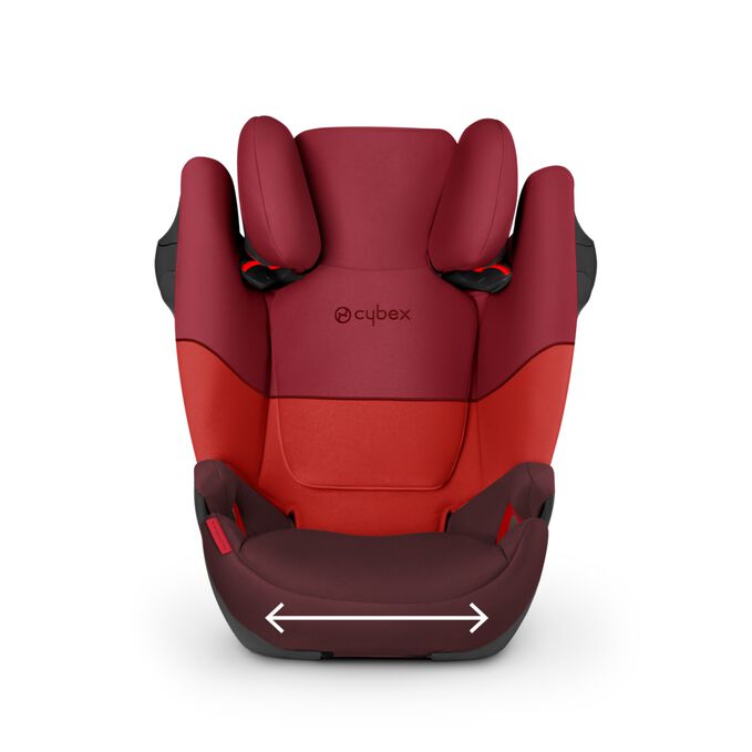 An image of the CYBEX Silver Solution M-Fix Child Car Seat, highlighting the Extra-wide and deep seat cushion feature.