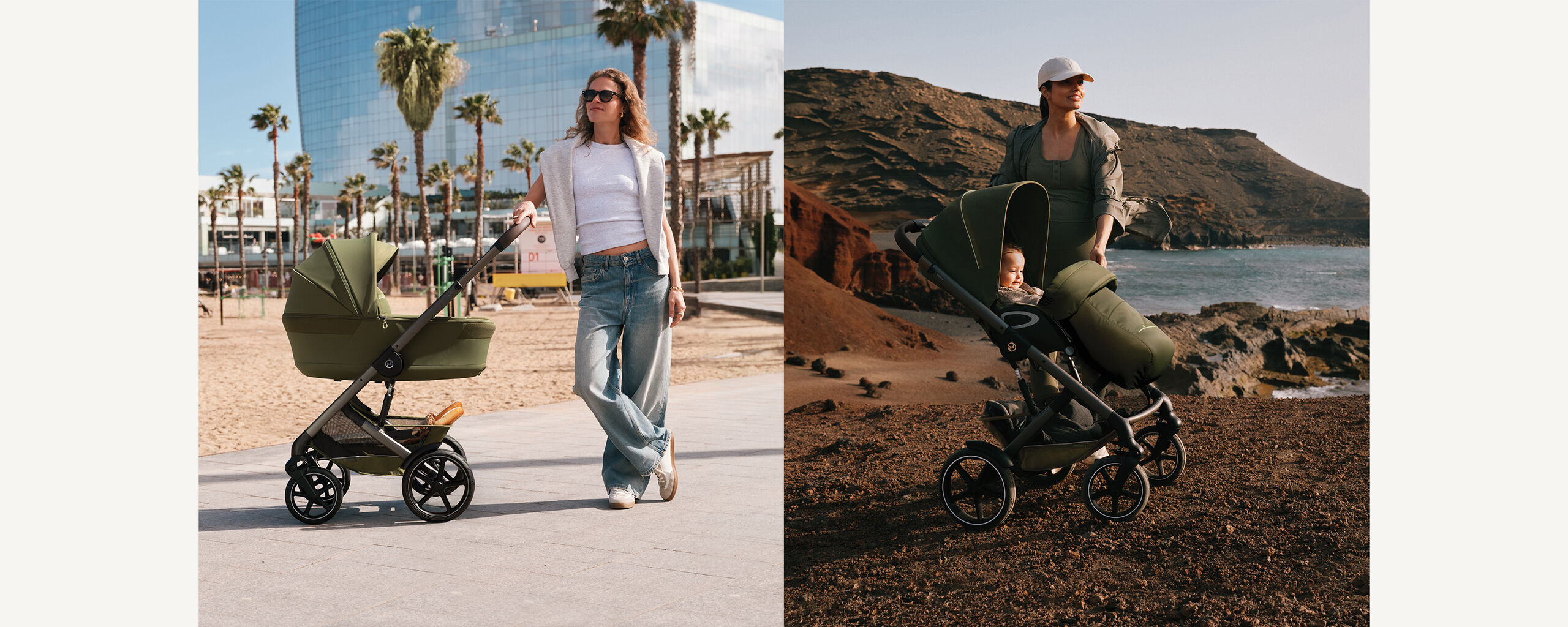 Zwei M&uuml;tter links und rechts mit einem Talos S Lux Kinderwagen, links mit Babywanne und rechts mit Sitzpaket.