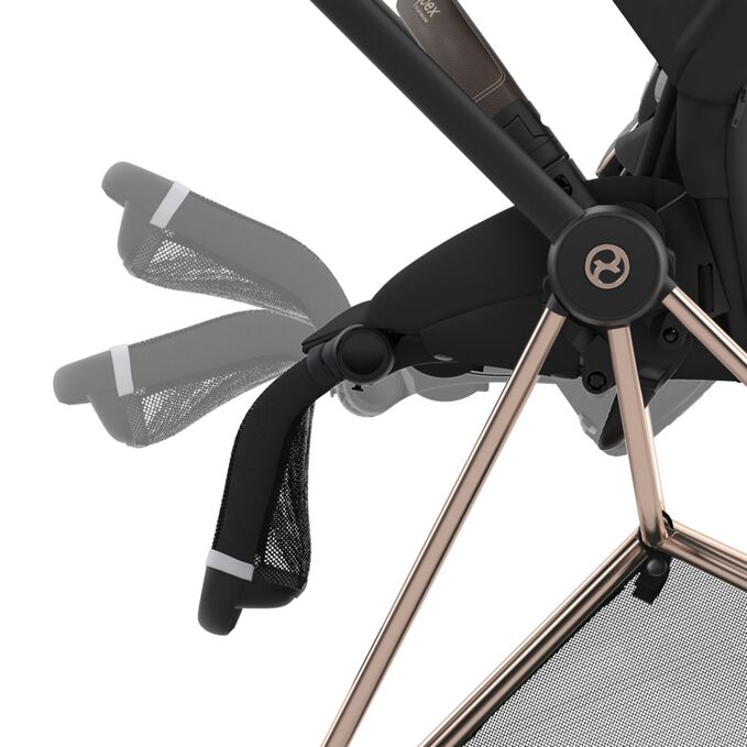 An image of the CYBEX Platinum Mios Jeremy Scott - Car Stroller, highlighting the Adjustable Leg Rest feature.