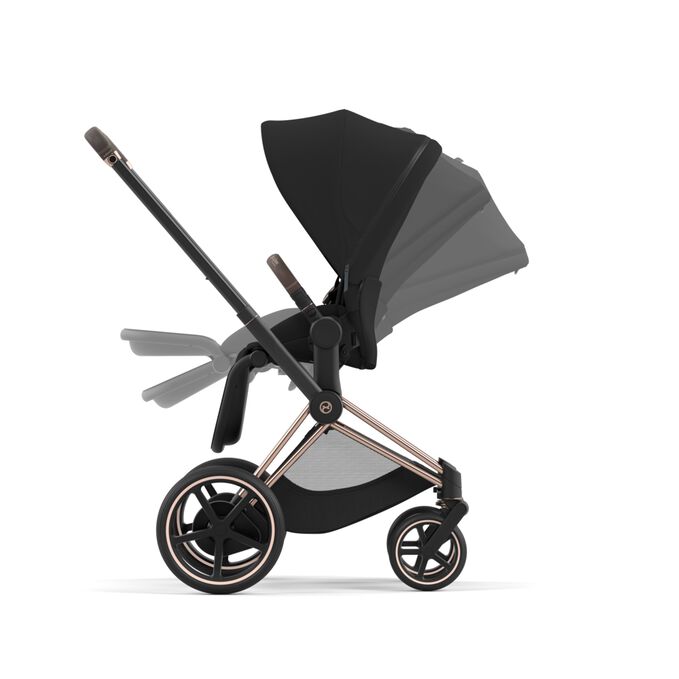 An image of the CYBEX Platinum e-Priam Frame Stroller, highlighting the One-hand recline and fold feature.