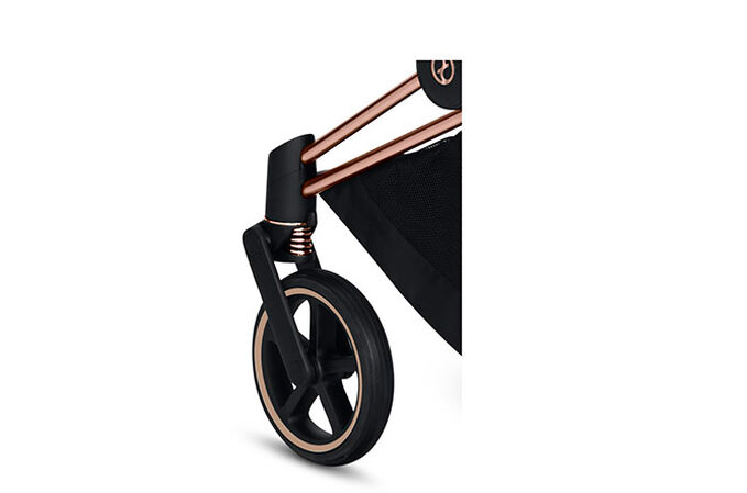 Immagine del CYBEX Platinum Mios 2 Jeremy Scott - Cherubs Stroller che mette in risalto la caratteristica Sospensioni all-wheel.