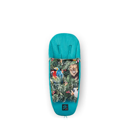 A turquoise footmuff by DJ Khaled featuring a tropical jungle pattern with parrots, a lion, and lush foliage.
