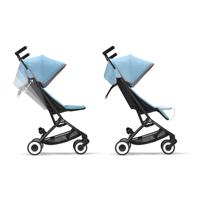 An image of the CYBEX Gold Libelle 2023 Buggy, highlighting the Infinite Recline and Adjustable Legrest feature.