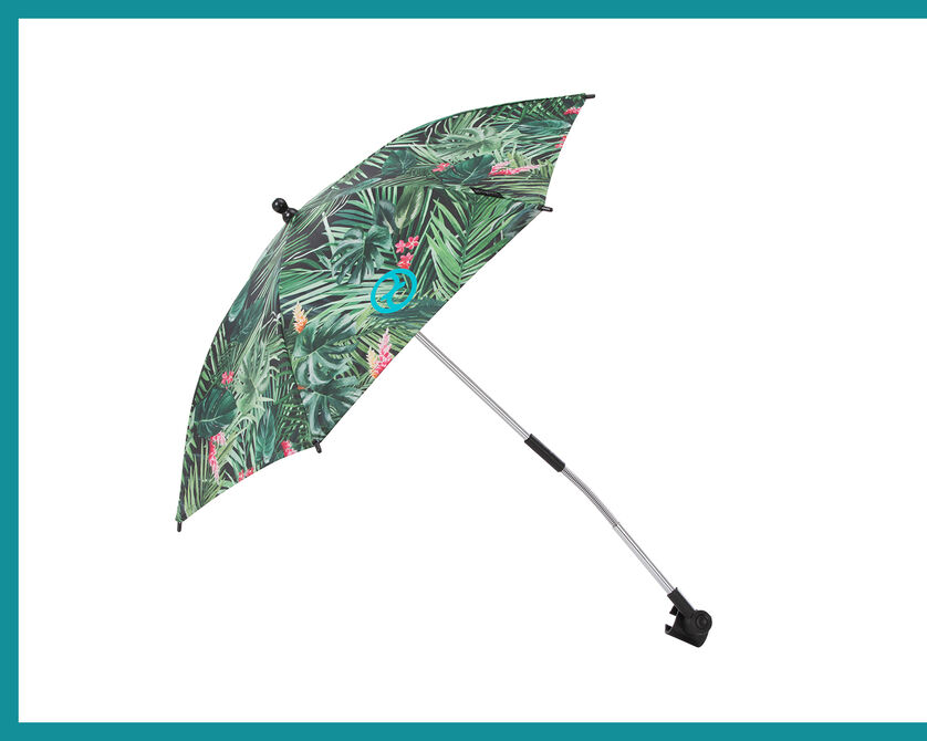 Cybex sunshade with tropical leaf pattern, attachable to a pushchair