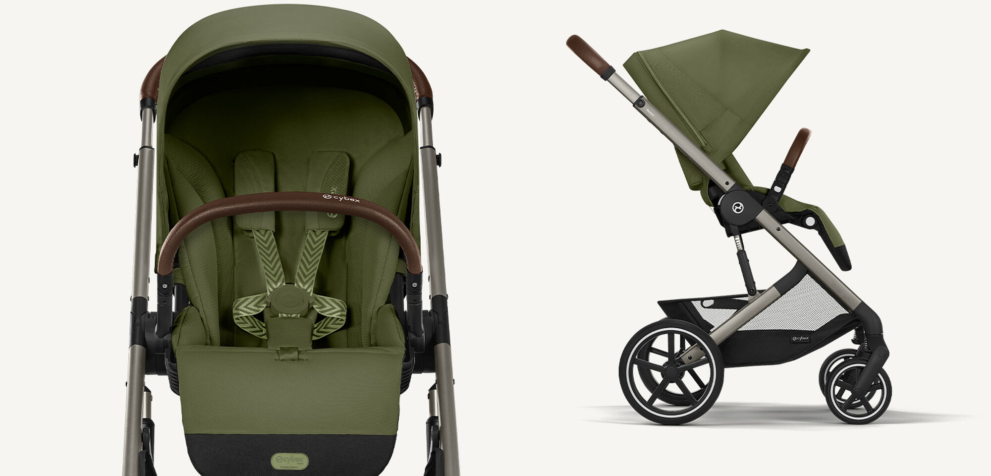 Product shots of a Balios S Lux stroller in Moss Green, on the left front facing, on the right a sideview.