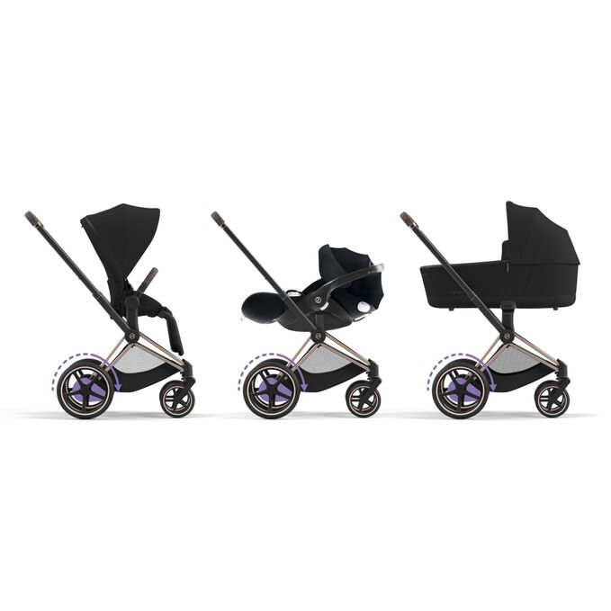 An image of the CYBEX Platinum e-Priam Jeremy Scott - Wings Stroller, highlighting the 3-in-1 Travel System feature.