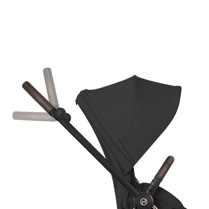 An image of the CYBEX Platinum Mios Stroller, highlighting the One-Hand Height-Adjustable Handlebar feature.