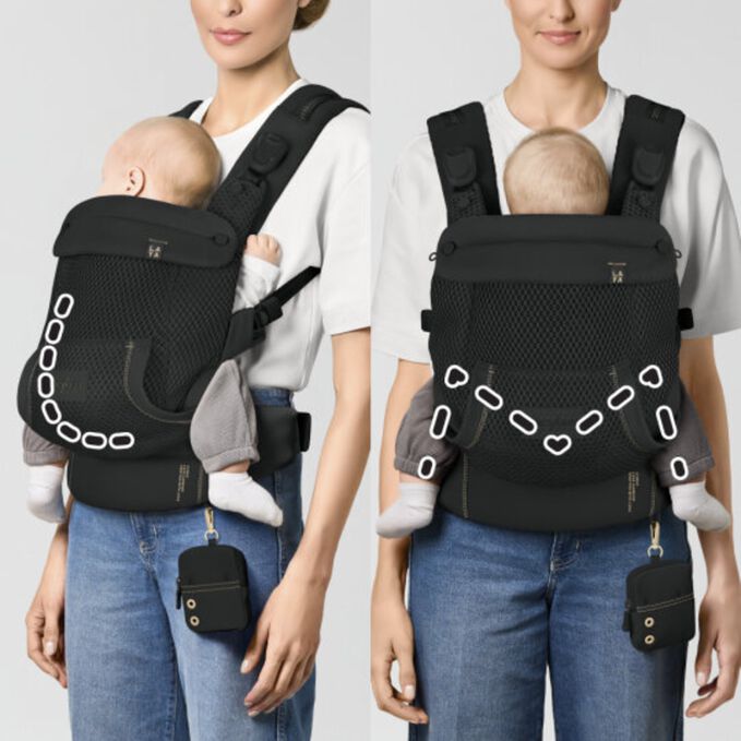 An image of the CYBEX Gold Laya Carrier Baby Carrier, highlighting the Ergonomic Support feature.
