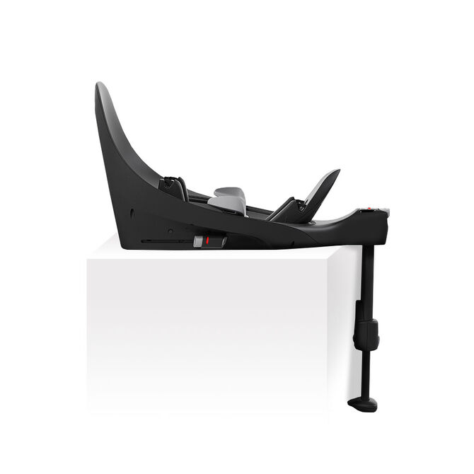 Cloud T reclining infant car seat, side view on white pedestal.