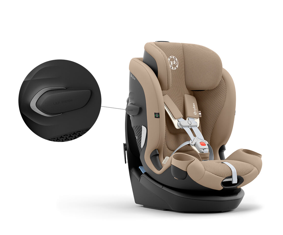 Beige Callisto G 360 rotating convertible car seat with harness and adjustable headrest.