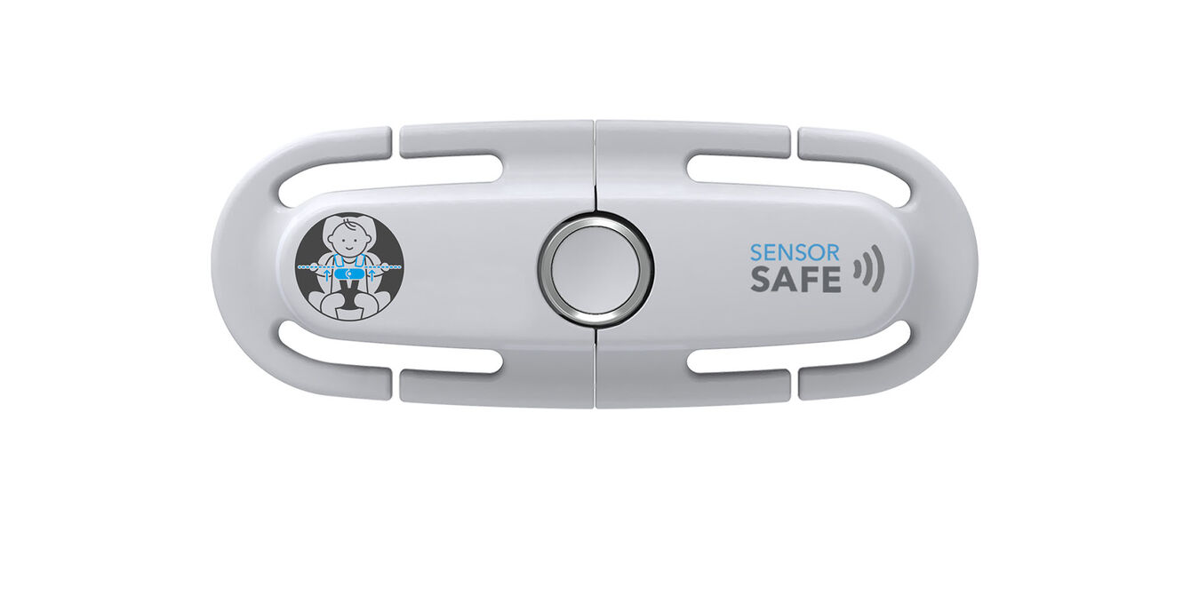 Un dispositif SensorSafe gris avec une ic&ocirc;ne d'enfant assis et le texte "Sensor Safe".