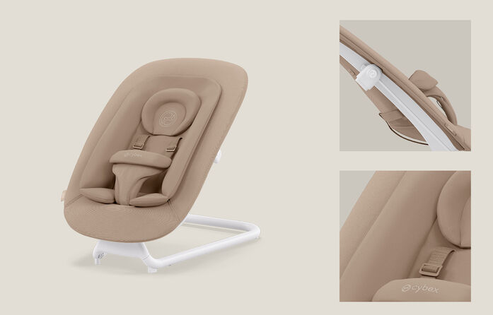 Lemo Bouncer in beige, a stylish baby bouncer with adjustable strap and ergonomic design.