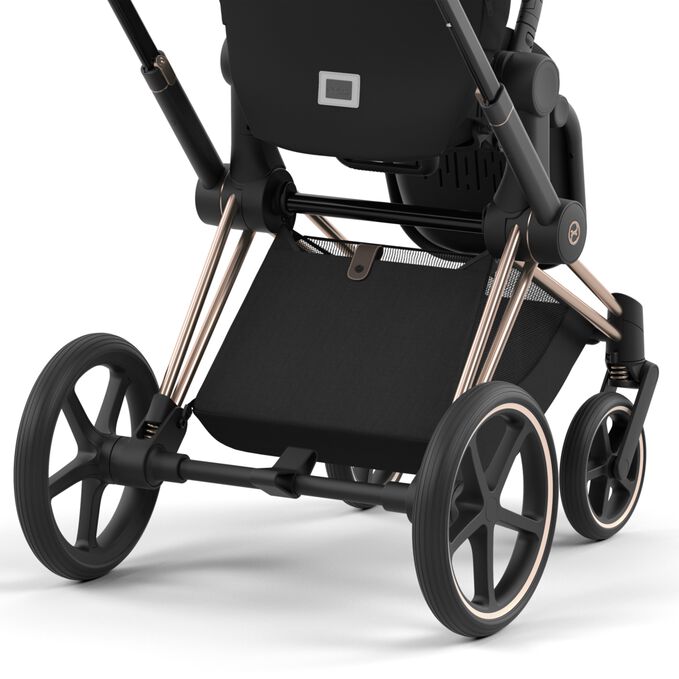 An image of the CYBEX Platinum Priam Frame (2025) Stroller, highlighting the Extra Large Shopping Basket feature.