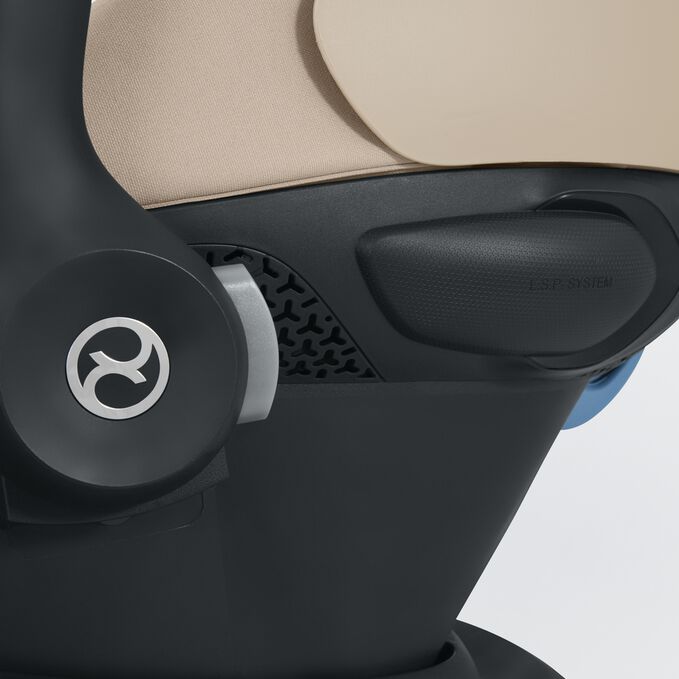 An image of the CYBEX Gold Aton G2 Swivel with Load Leg Base Infant Car Seat, highlighting the Linear Side-Impact Protection feature.