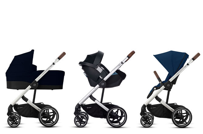 An image of the CYBEX Gold Balios S Lux 1 Stroller, highlighting the 3-in-1 Travel System feature.