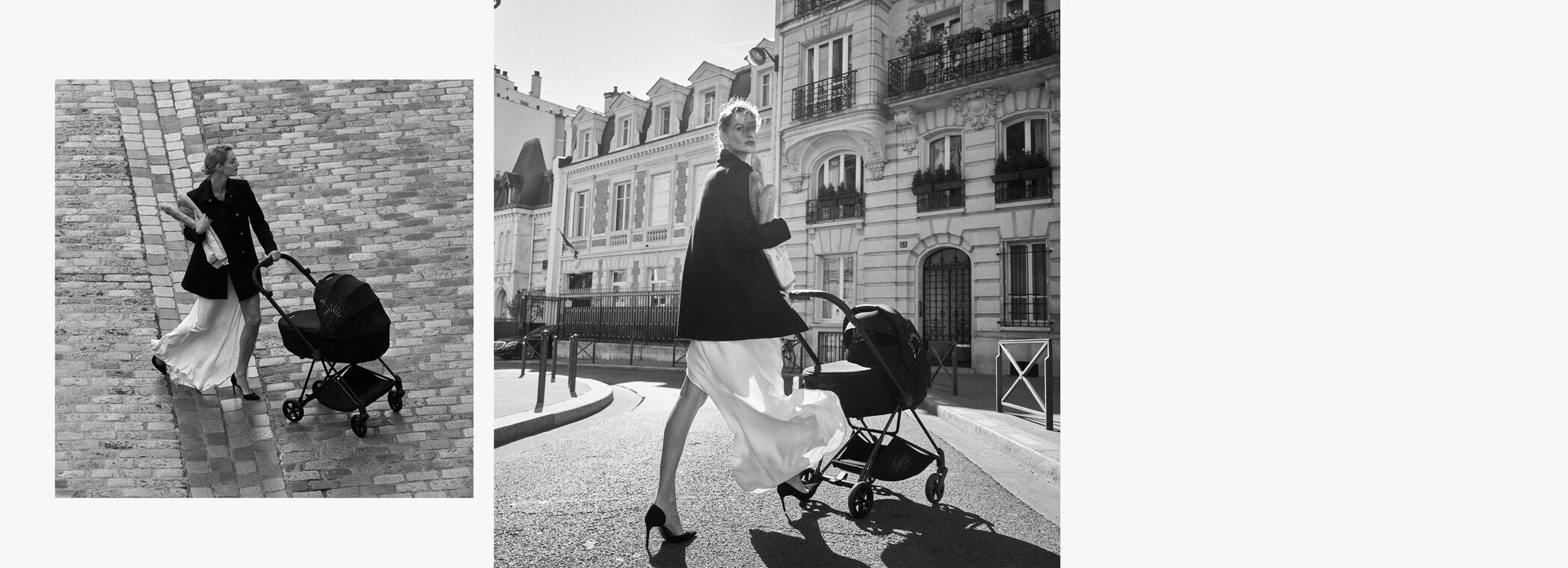 Zwei Bilder zeigen eine Frau, die mit ihrem LaParisienne Kinderwagen durch Paris spaziert, in der anderen Hand ein Baguette.
