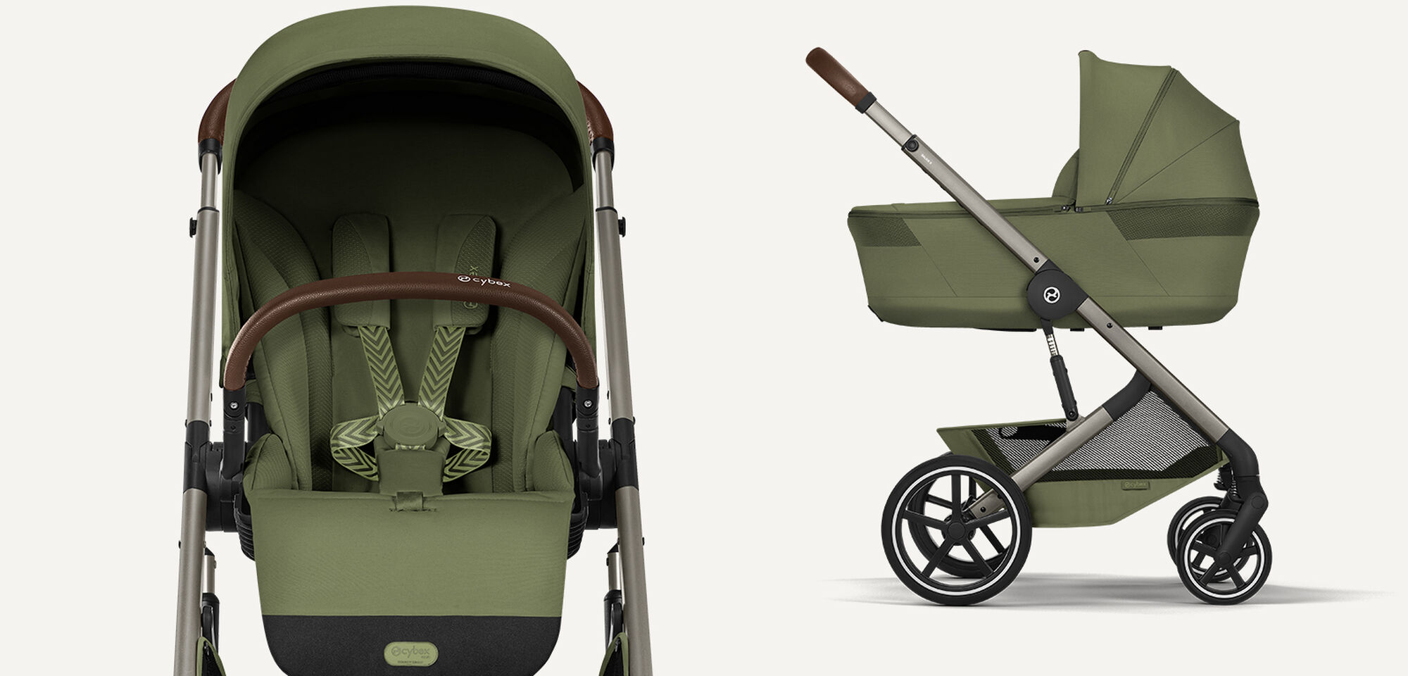 Ein Balios S Lux Kinderwagen mit Seat Pack (links) und mit Fold Cot (rechts) in Moss Green.
