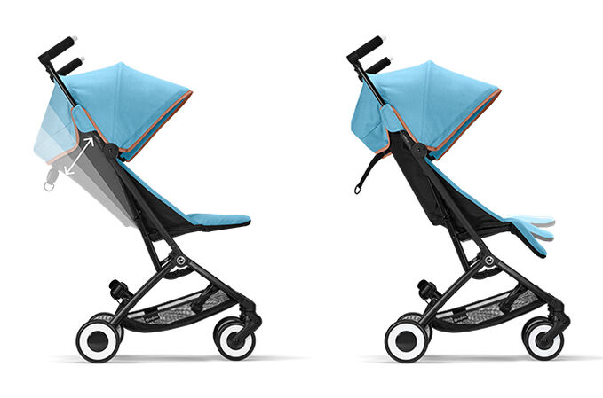 An image of the CYBEX Gold Libelle 2022 Buggy, highlighting the Infinite Recline and Adjustable Leg Rest feature.