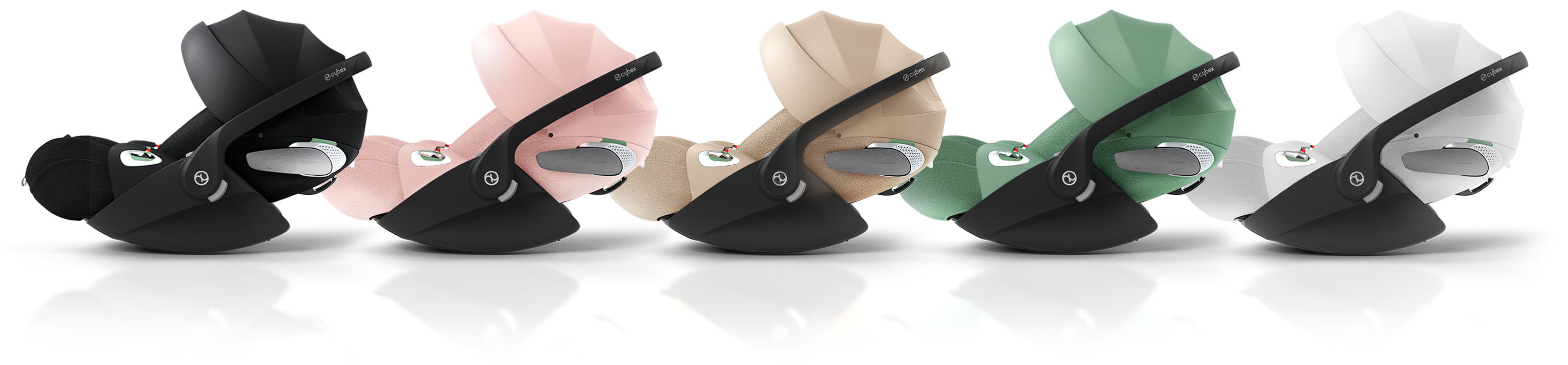 Cloud T reclining infant car seats in various colours side by side.