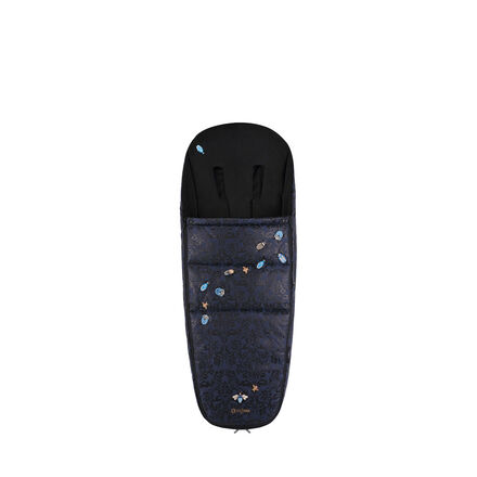 A dark blue footmuff with a floral pattern and small blue and gold details.