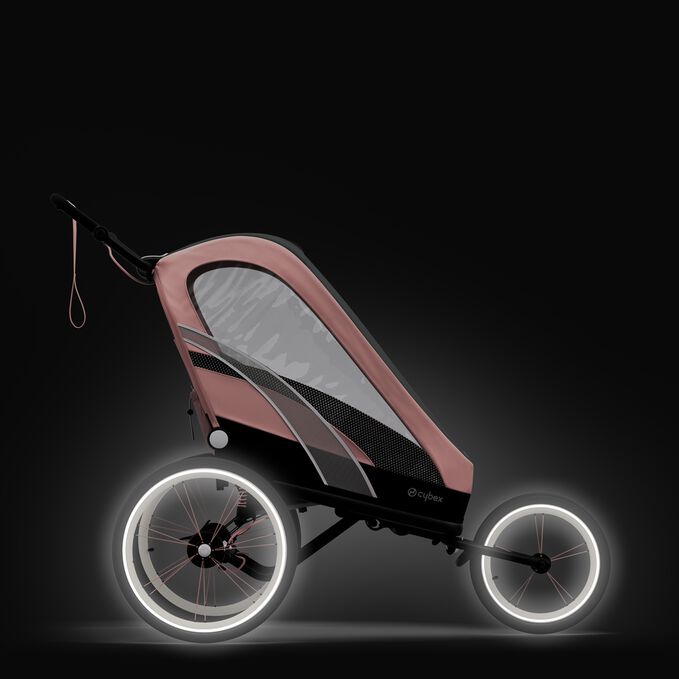 An image of the CYBEX Gold Zeno One Box Cross Country Ski Trailer, highlighting the Reflective details feature.