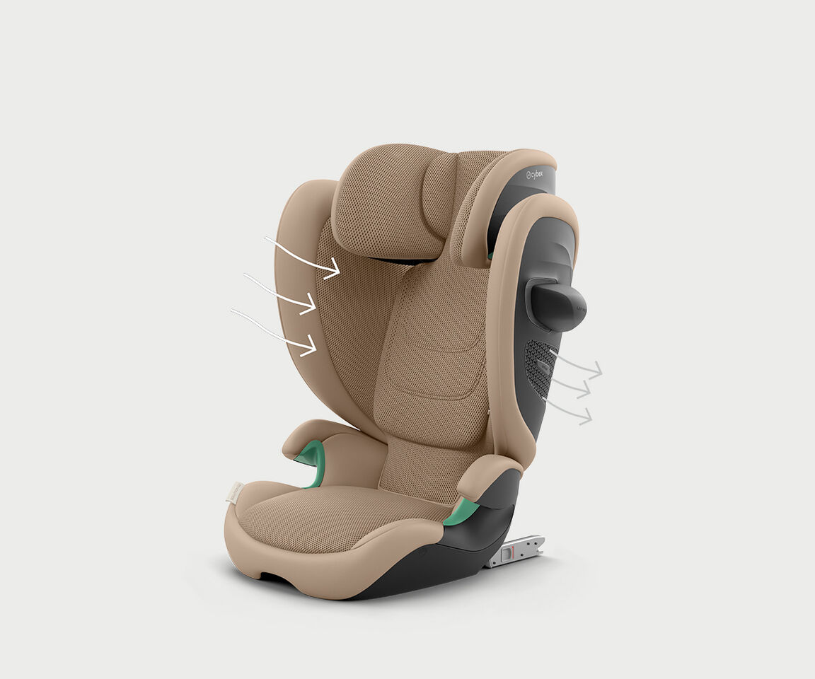 Solution G2 car seat in beige design featuring ergonomic shape and air circulation openings