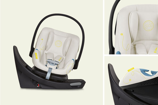 Aton G infant car seat in cream colour with black base and yellow accents.