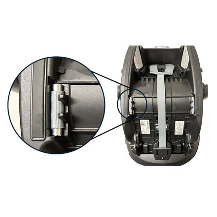 Close-up of the hinge of a vacuum cleaner with a gray casing, showcasing its structure and mechanics.