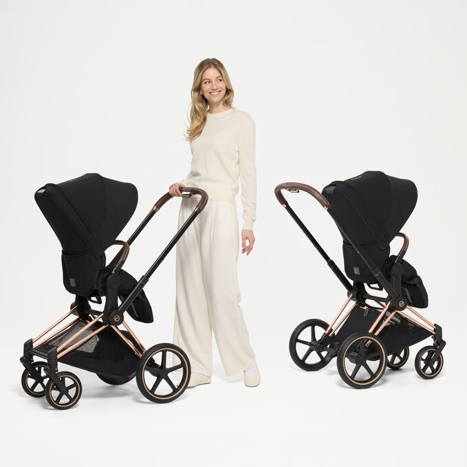 An image of the CYBEX Platinum Priam Stroller, highlighting the Reversible Seat Unit feature.