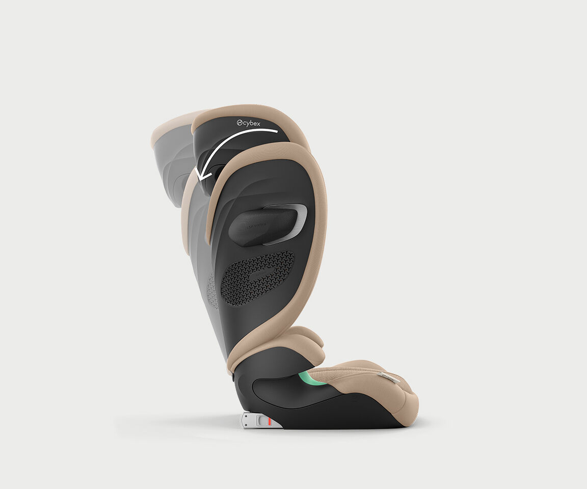 Side view of the Solution G2 travel car seat, beige and black, with adjustable headrest.