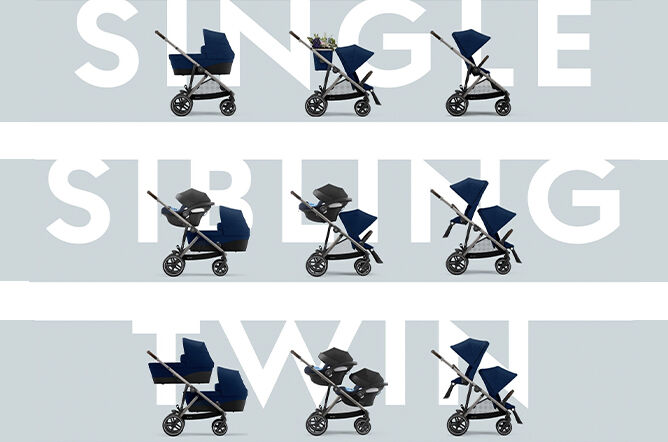 An image of the CYBEX Gold Gazelle S Sibling Stroller, highlighting the All-in-One Modular System feature.