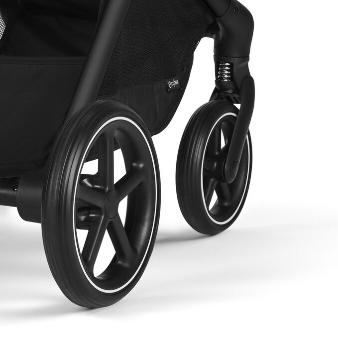 An image of the CYBEX Gold Eos and Aton G Swivel Travel System Stroller, highlighting the Front Wheel Suspension feature.