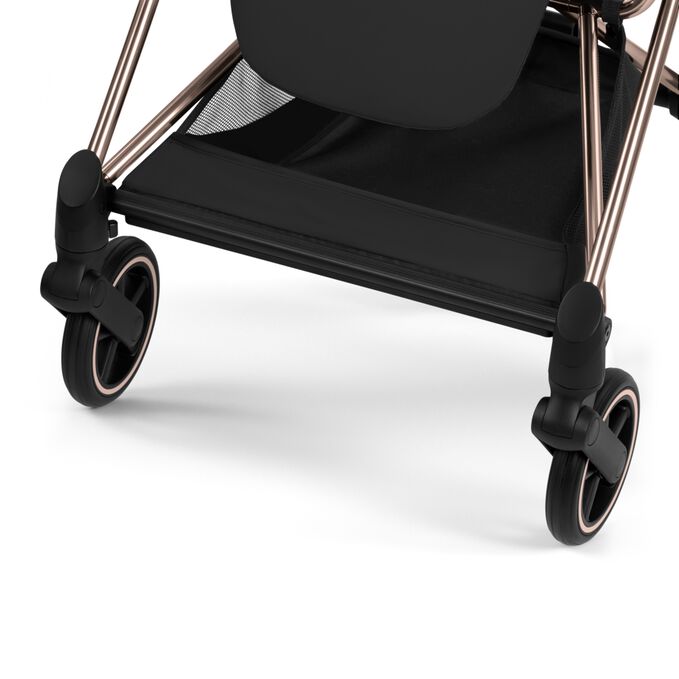 An image of the CYBEX Platinum Mios Stroller, highlighting the Large Color-matching Shopping Basket feature.