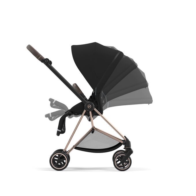 An image of the CYBEX Platinum Mios Jeremy Scott - Wings Stroller, highlighting the One-hand recline and fold feature.