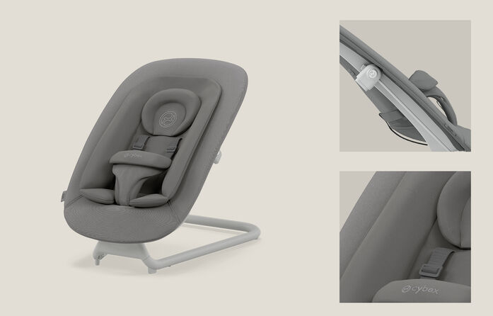 Grey Lemo Bouncer, an ergonomic baby bouncer with adjustable strap and soft padding.