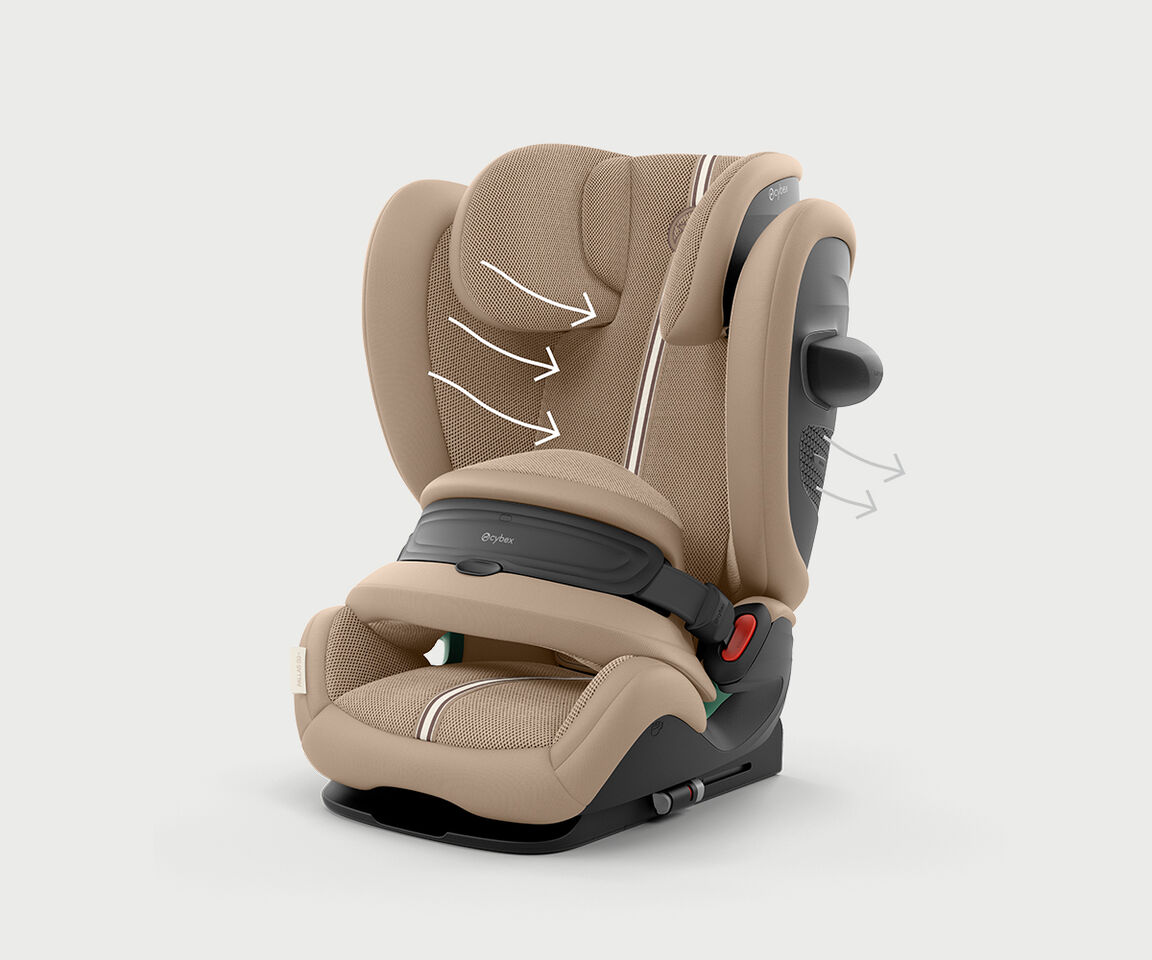 Pallas G grow-with-me car seat in beige fabric, side adjustments visible