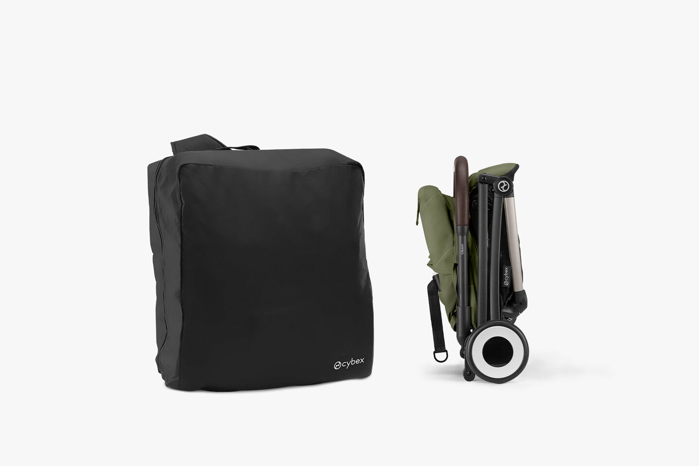 Orfeo compact travel stroller in a black carrying bag, folded and ready for transport