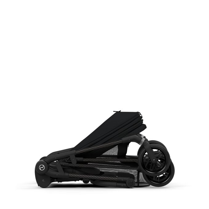 An image of the CYBEX Gold Melio Carbon Stroller, highlighting the Compact Fold feature.
