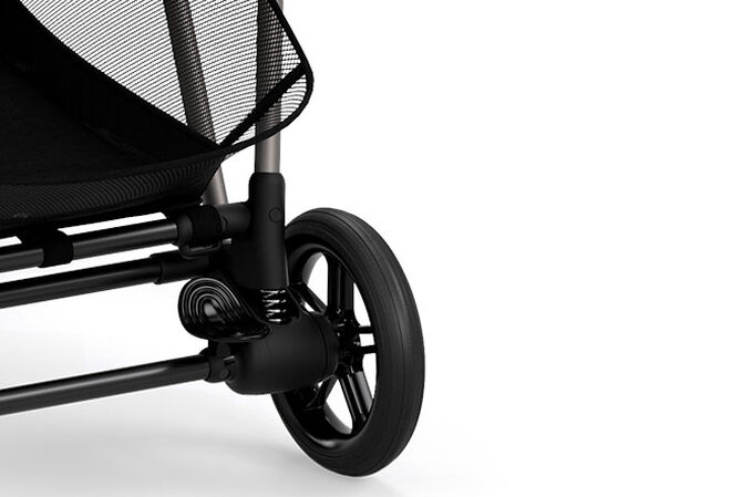 An image of the CYBEX Gold Melio 1 Stroller, highlighting the Wheel suspension feature.