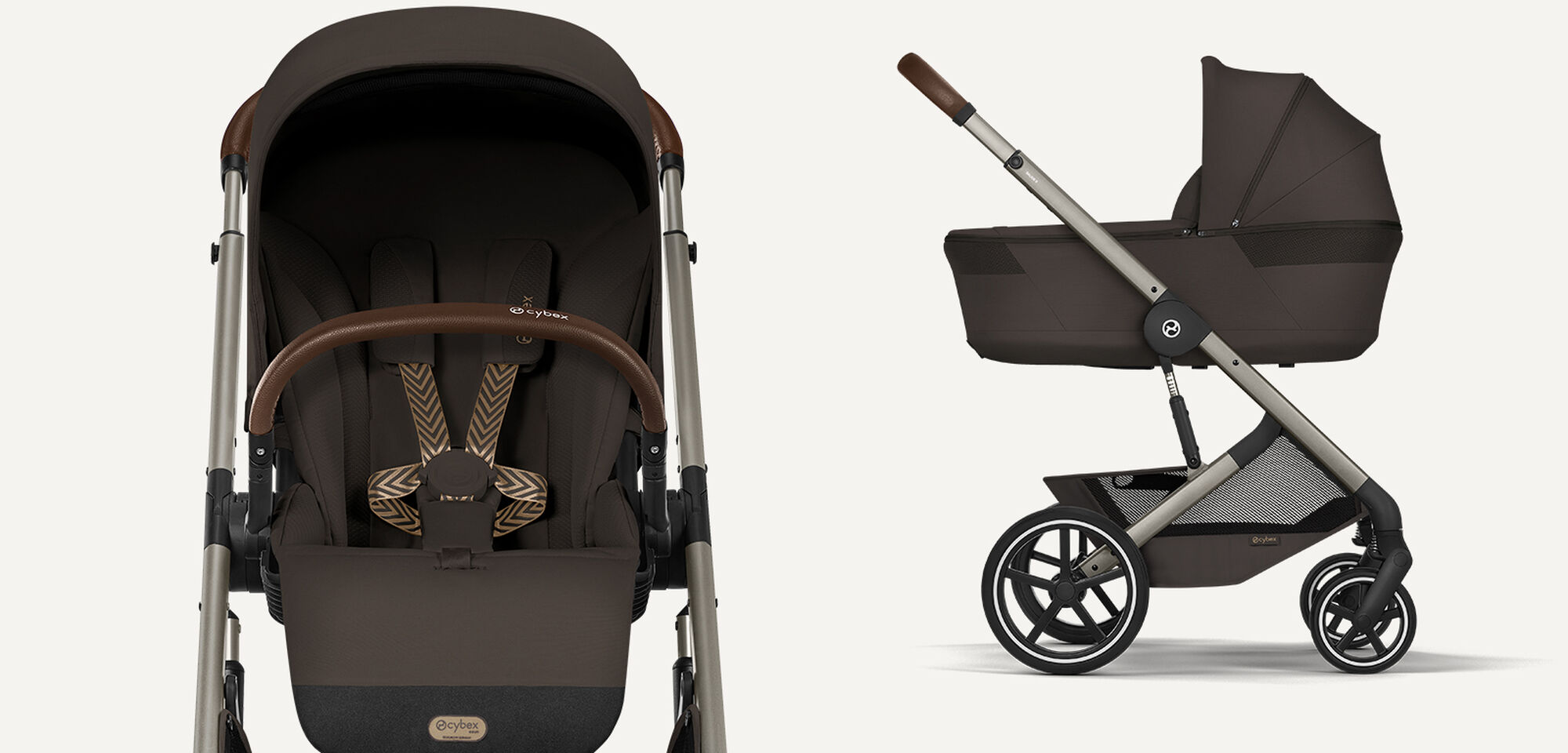Ein Balios S Lux Kinderwagen mit Seat Pack (links) und mit Fold Cot (rechts) in Chocolate Brown.
